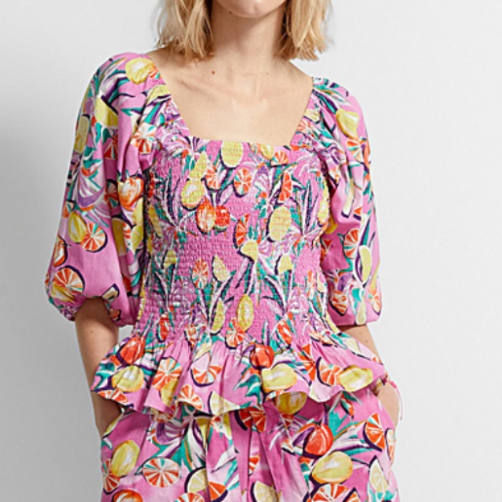 Scotch & Soda pink and yellow citrus puff-sleeve peasant top blouse NWT